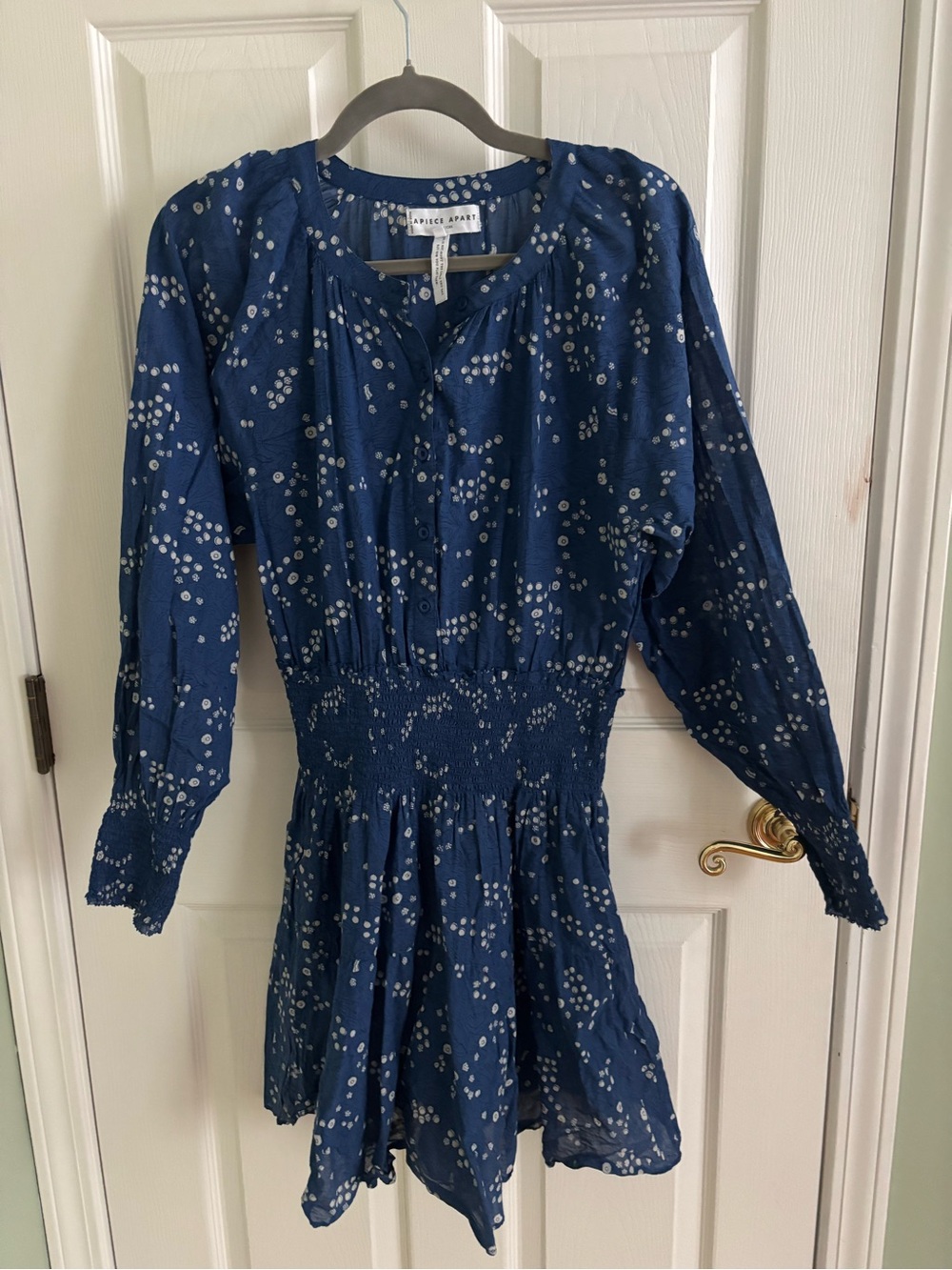 Apiece Apart Navy Blue Printed Long-Sleeve Smocked Waist Dress